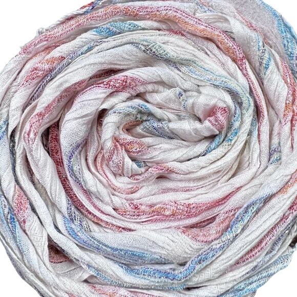 White Striped Fringed Scarf with Shimmery Silver Threads L66" W9" Fringe 3" - Picture 1 of 8